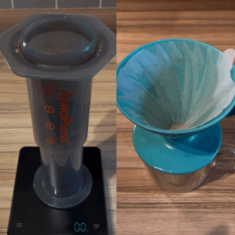 Image: split screen of aeropress and V60
